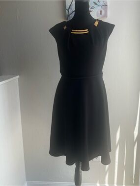 Black Midi Cap-Sleeve Dress with Gold Neckline Detail